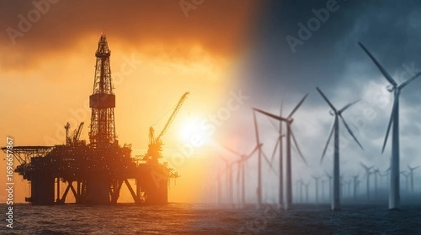 Fototapeta symbolic image of clean energy transition from oil, half image showing oil rig, half wind turbines in sunrise light