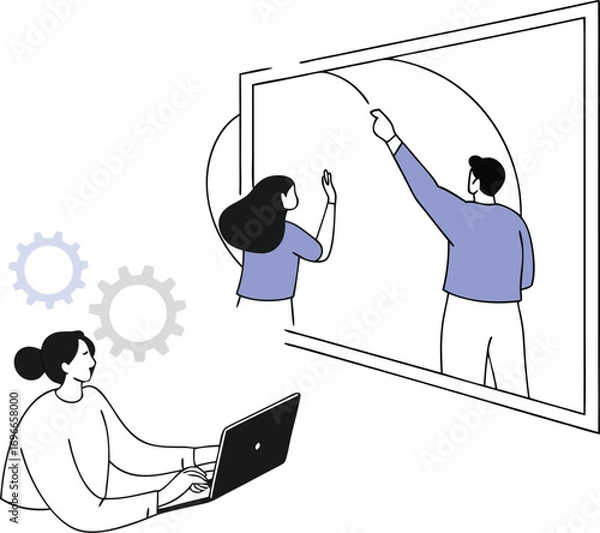 Fototapeta Teamwork collaboration vector illustration of women and man working together on a project white background