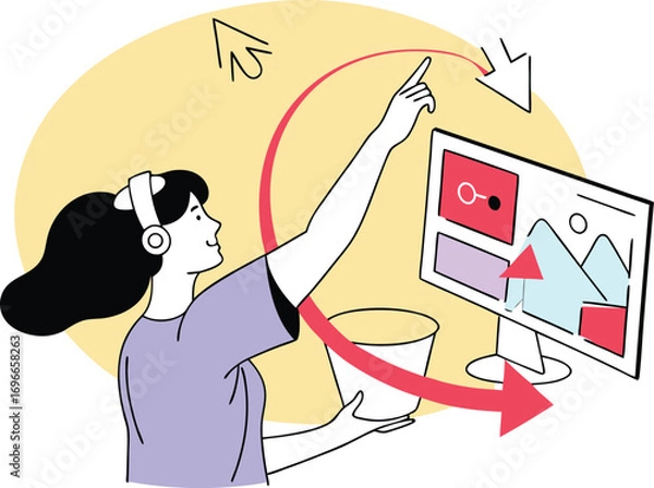 Fototapeta Woman interacting with digital interface vector illustration for web design and development white background