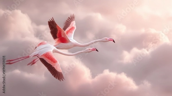 Fototapeta two flamingos flying gracefully above soft white clouds, dreamy white sky, fantasy atmosphere