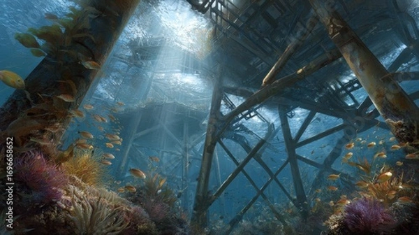 Fototapeta underwater view of anchored oil platform legs surrounded by marine life, engineering meets ecology