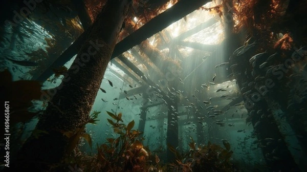Fototapeta underwater view of anchored oil platform legs surrounded by marine life, engineering meets ecology