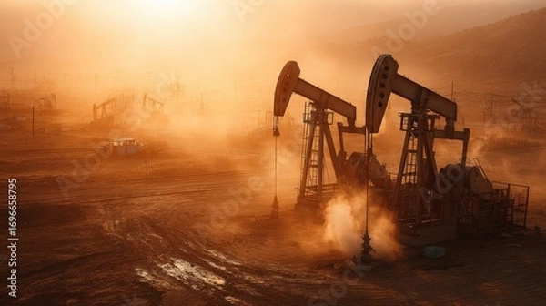 Fototapeta vast oil field with multiple pumpjacks in operation, dusty golden hour light