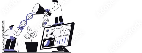 Fototapeta Vector illustration depicting scientific research and dna analysis in a modern laboratory white background