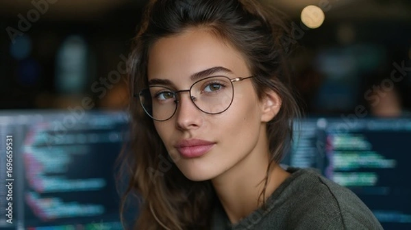 Fototapeta woman software engineer working with dual monitors, focused and confident expression