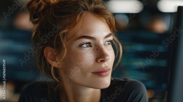 Fototapeta woman software engineer working with dual monitors, focused and confident expression