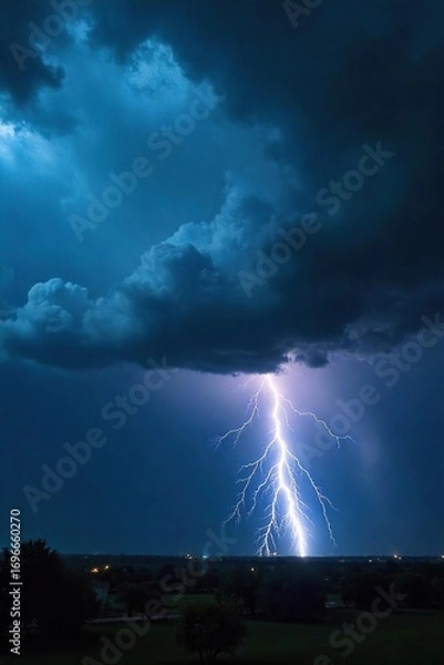 Fototapeta Dramatic dark clouds fill the sky, heavy rain pouring down as a powerful thunderstorm rages Lightning flashes in the distance, illuminating the stormy scene , energy, atmospheric pressure