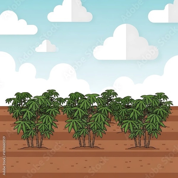 Fototapeta Cartoon illustration of cassava field with clouds against a blue sky