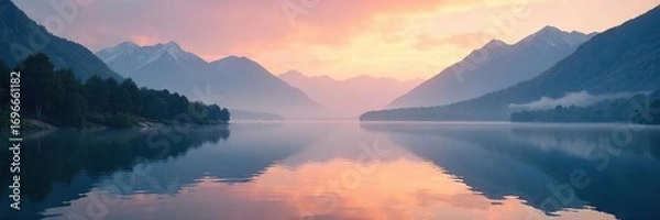Fototapeta Serene landscape at dawn, misty mountains reflecting in a still lake, peaceful and tranquil atmosphere, perfect for meditation and spiritual reflection ,  meditation,  environment,  lake