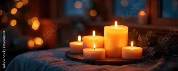 Fototapeta Cozy scene of flickering candlelight illuminating a warm, inviting space Perfect for home decor, relaxation, and winter themes The gentle glow creates a peaceful atmosphere , peaceful, romantic