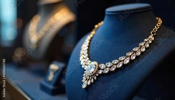 Fototapeta Close-up shot of elegant diamond necklace displayed on a velvet cushion in a jewelry store showcase, highlighting its sparkle and intricate design , jewel, ornate