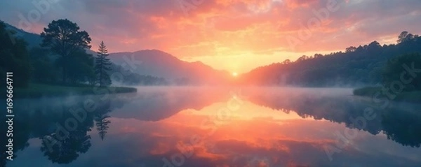 Fototapeta Serene sunrise over a calm lake, misty morning, peaceful landscape, perfect for a relaxing start to the day Ideal for calendars, websites, or social media backgrounds , reflection, sky
