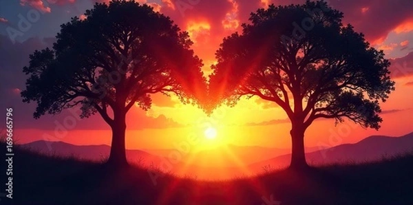 Fototapeta Silhouetted trees frame a glowing heart-shaped sunset, symbolizing the spiritual connection and boundless nature of love , unity, sunset, magical