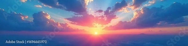 Fototapeta Serene twilight sky ablaze with vibrant blues and soft oranges as the sun dips below the horizon, painting the clouds with breathtaking hues , sky, nature