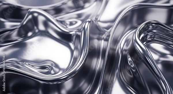 Fototapeta Liquid metal abstract background, chrome waves surface with reflections