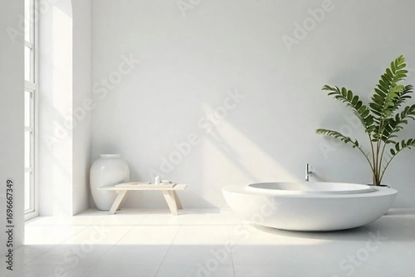 Fototapeta Serene white interior, minimalist design, calm atmosphere, soft light illuminates clean surfaces Perfect for relaxation and wellness themes , contemporary, wellbeing, serene