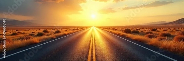 Fototapeta Endless asphalt ribbon stretching towards a hazy horizon, sun-drenched landscape, sense of journey and open road ahead, freedom and exploration , journey, summer, adventure