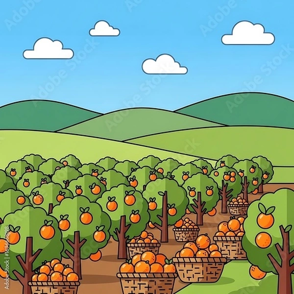 Fototapeta Lush orange grove scenery under a blue sky, brimming with ripe fruit in woven baskets creating a vibrant harvest