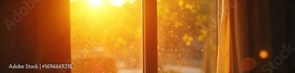 Fototapeta Golden hour sunlight streams through a window, illuminating dust motes dancing in the warm, hazy glow of a lazy Sunday morning  Perfect for relaxation and calm vibes ,  window,  yellow,  soft light