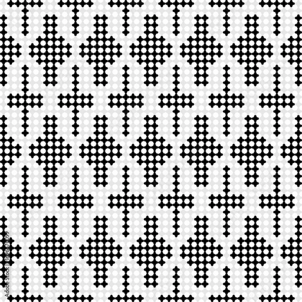 Fototapeta A geometric seamless pattern with black and white decorative shapes and dots, perfect for a modern fabric design or wallpaper