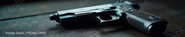 Fototapeta Close-up view of a handgun, metallic, lying on a dark wooden surface The focus is sharp on the weapon, highlighting its details and texture The overall mood is somber and serious , somber, illegal