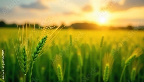Fototapeta Golden hour sunlight bathes a lush green field of ripening wheat, swaying gently in the warm summer breeze  A vibrant scene of agricultural abundance  ,  crop,  field