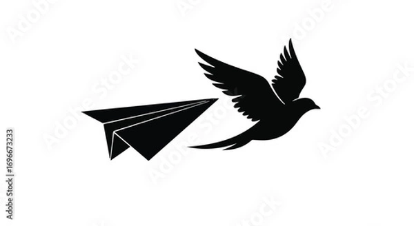 Fototapeta Bird soaring gracefully in the sky, leaving a paper airplane behind, symbolizing freedom and new beginnings.