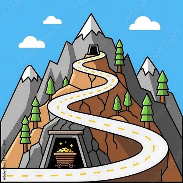 Fototapeta Whimsical mining landscape with winding road and gold filled ore cart