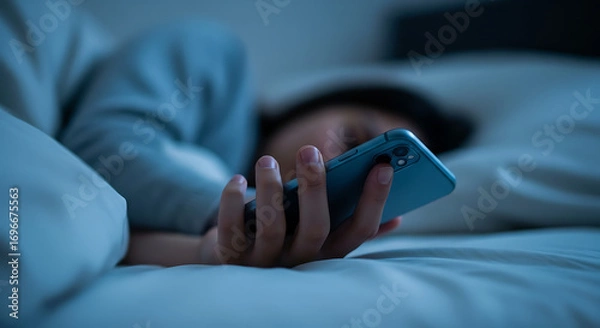Fototapeta Person holding a smartphone in bed at night, illuminated by the screen