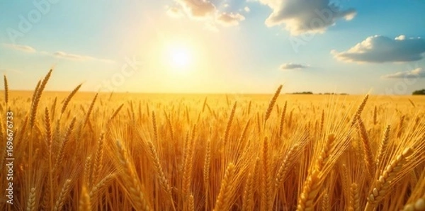 Fototapeta Golden wheat field shimmering under a summer sun, swaying gently in the breeze Vast expanse of ripe, golden grain ready for harvest Perfect rural landscape image , bread, wheat, pattern
