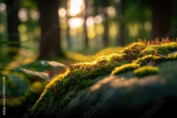 Fototapeta Lush Moss Growing on Forest Rock Bathed in Golden Sunlight, Highlighting Nature's Beauty and Tranquility