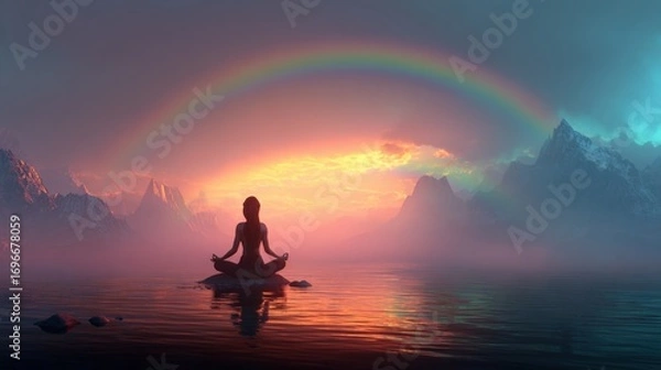 Obraz Serene Meditation Silhouette Under Rainbow: Finding Inner Peace in Nature's Embrace, Mindful Wellness