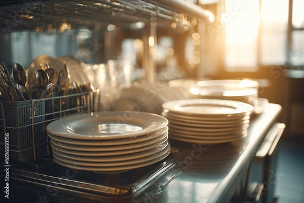 Fototapeta Clean white plates and cutlery stacked neatly in a commercial kitchen dishwasher rack, warm sunlight shining through the window creating a cozy atmosphere.