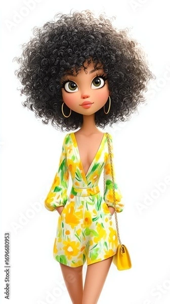 Fototapeta Vibrant Character Portrait: An animated portrait of a stylish individual, their lush curly hair a striking frame for a vivid fashion statement