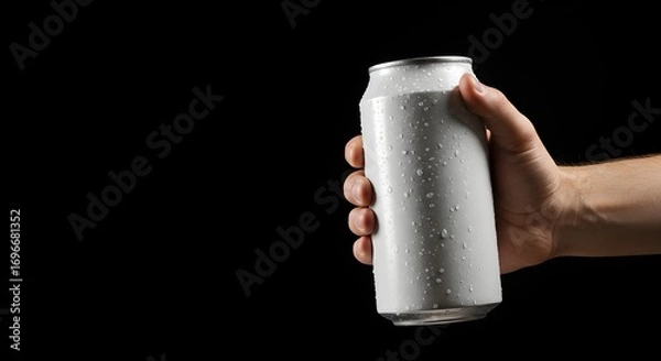 Fototapeta Refreshing Drink Hand Holding Cold Soda Can Against Dark Background