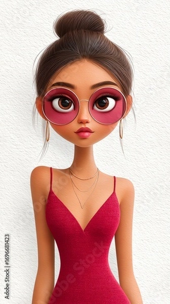 Obraz Stylish Girl in Fashion Portrait: An elegant young woman with captivating style, sporting stylish eyewear and accessories, captured in a vibrant portrait.