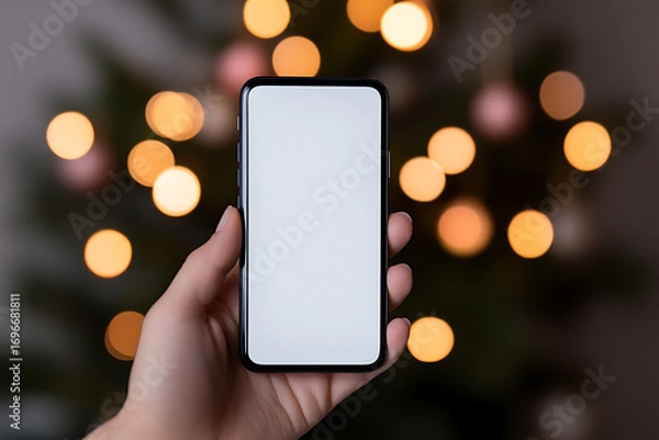 Fototapeta Hand holding a blank smartphone against a festive blurred background, ideal for holiday promotion, app demo or seasonal e-commerce.  Festive bokeh lights