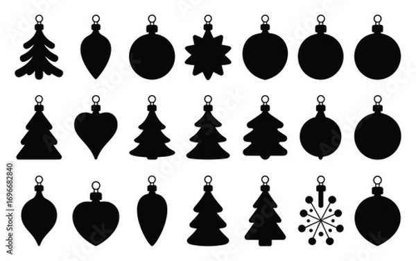 Fototapeta Vector art of collection of twentyone black silhouette christmas ornaments of various shapes, including trees, balls, hearts, snowflakes, and stars