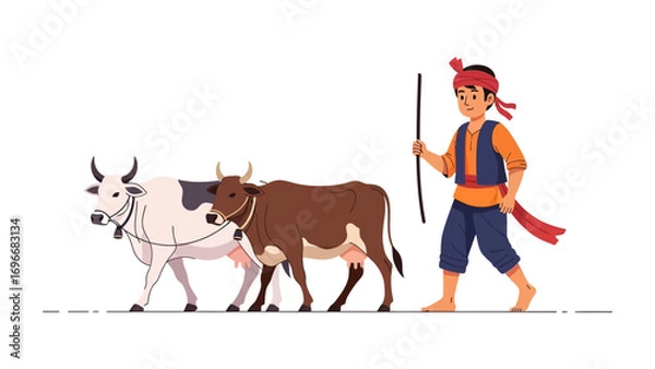 Fototapeta Farming: A depiction of rural life shows a farmer tending to two cows, illustrating the essential roles in agriculture