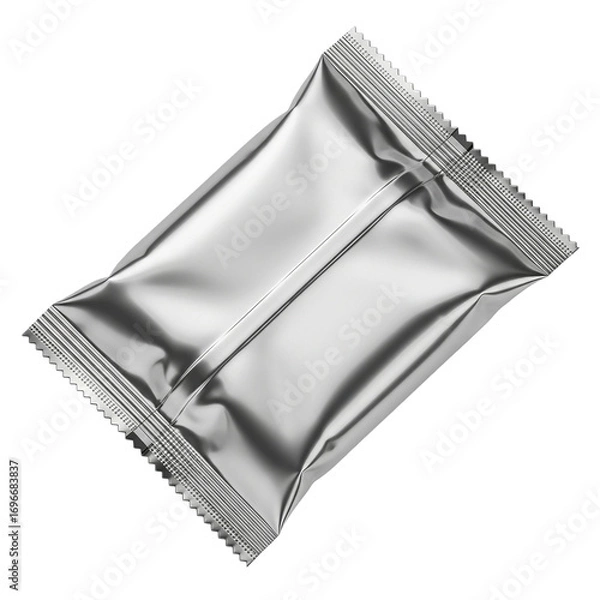 Fototapeta Isolated Foil Packaging Mockup for Snack Candy or Food Product on Black Shiny Metallic Pouch on transparent background