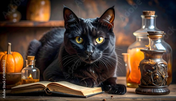 Fototapeta A black cat looking straight ahead from the desk in the witch's study