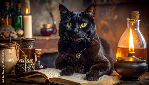 Fototapeta A scene of a witch disguised as a black cat reading a book on a desk in a study