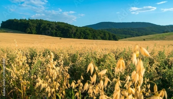 Fototapeta Expansive golden oat field stretches towards a distant hill range under a vibrant blue sky.