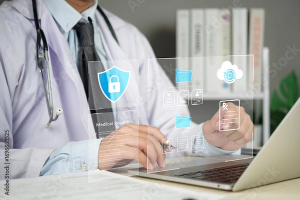 Obraz EHR, cybersecurity, Doctor uses a laptop clinic to secure cloud medical records and data privacy, security and patient care with digital workflows. concept trusted protection and compliance.