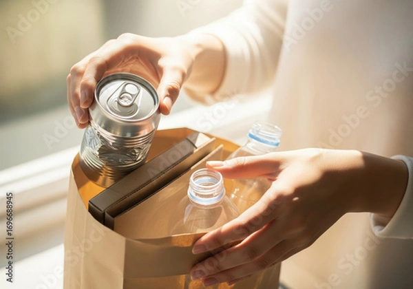 Obraz Hands recycling items into paper bag