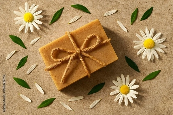 Fototapeta Eco soap bar with daisies and leaves on rustic background