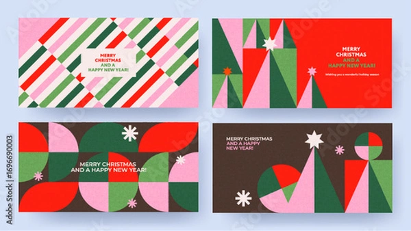 Fototapeta Merry Christmas and Happy New Year Set of backgrounds, greeting cards, posters, holiday covers. Xmas templates with typography and season wishes in modern geometric style for web, social media, print.