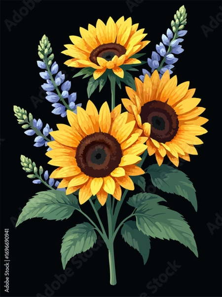 Fototapeta Vector sunflower, lupin flower isolated on black background. Summer print. Element of seamless fabric pattern. Floral fashion ornament for women clothing, t-shirt, textile, blanket, dishes, paper.