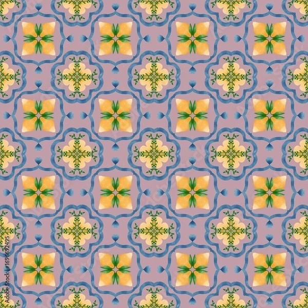 Fototapeta Seamless Floral Geometric Pattern with Yellow Flowers on Pink Background, Decorative Tile Design