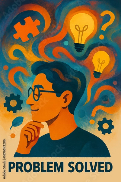 Fototapeta Problem Solved Concept with Creative Thinking, A Man with Glasses Finding Solution and Ideas, Innovation and Inspiration
